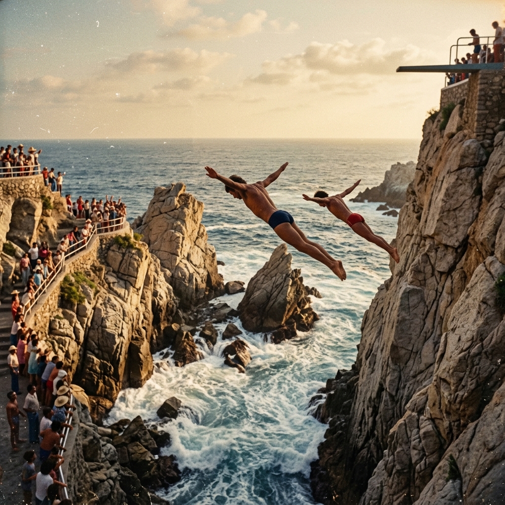 Vintage Acapulco cliff divers at La Quebrada