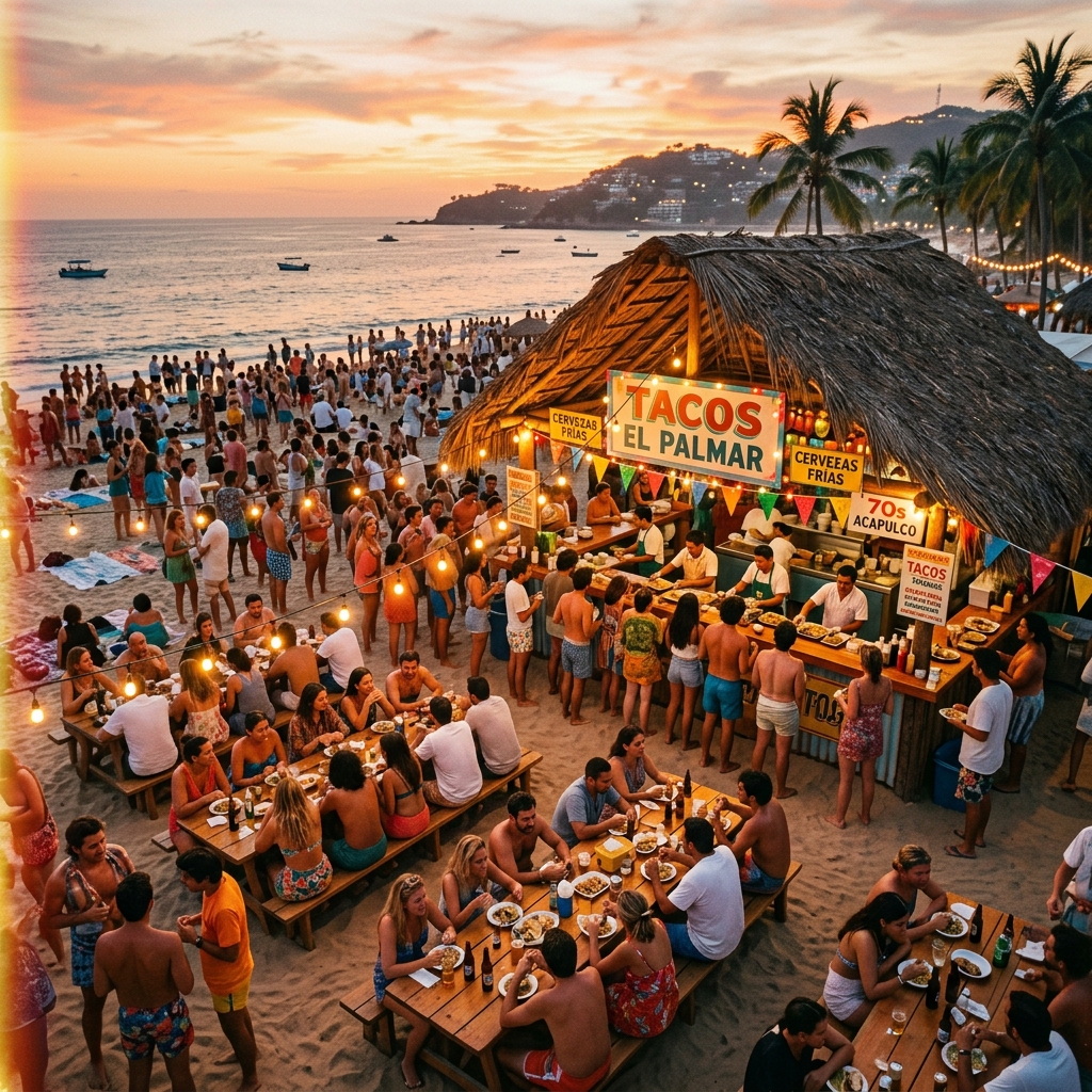 Beachside pop-up event with palapa and string lights at sunset