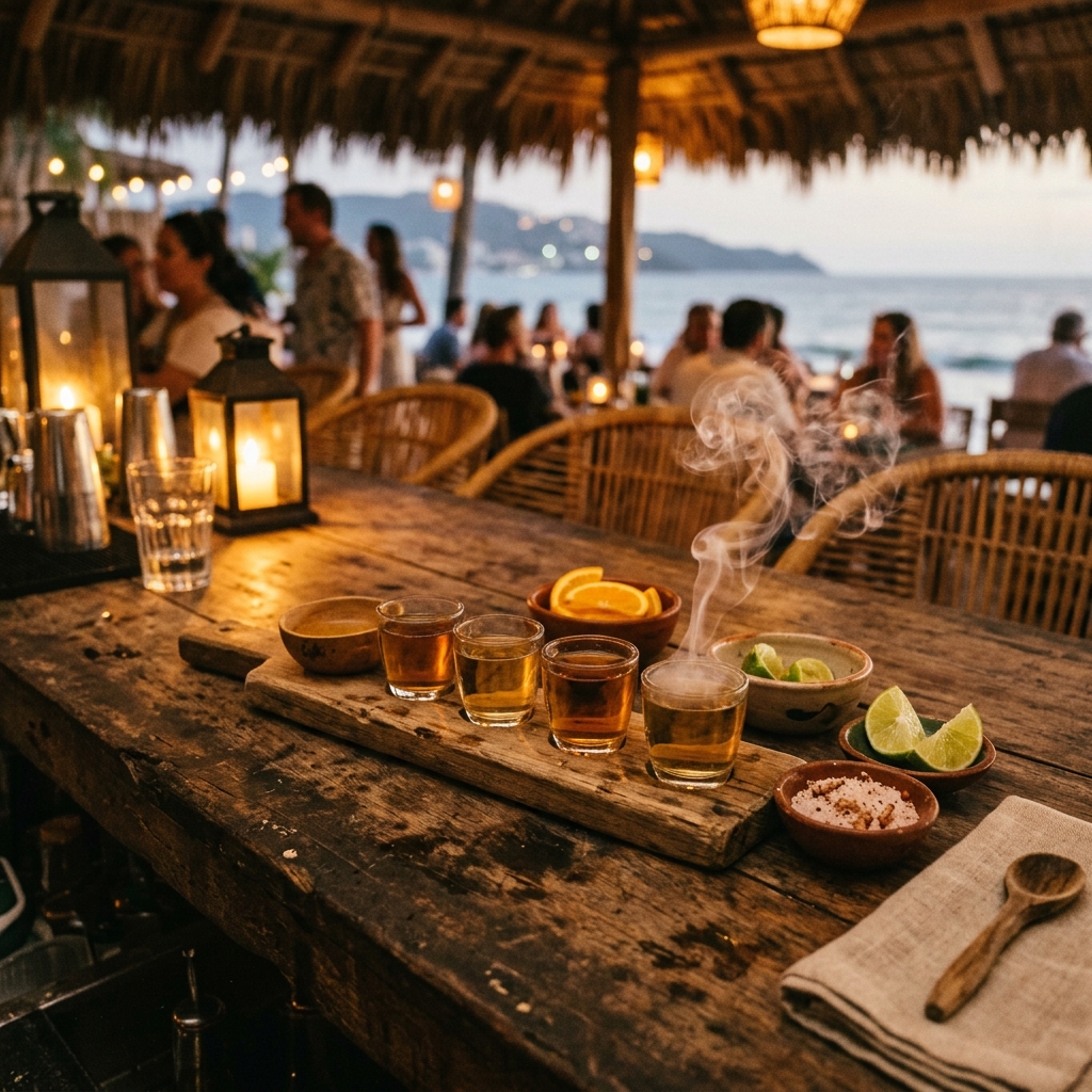 Mezcal flight on rustic bar