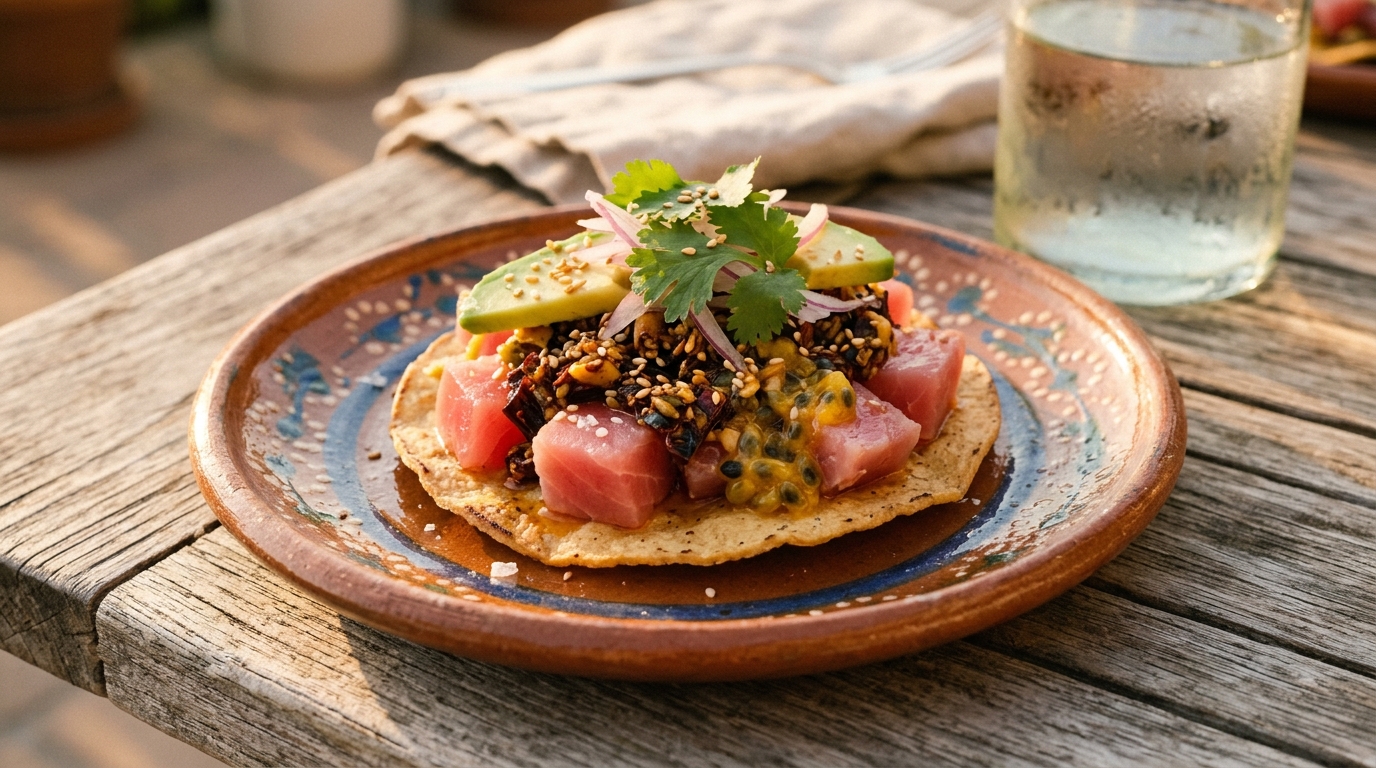 Tuna Tostada with Passion Fruit Salsa Macha