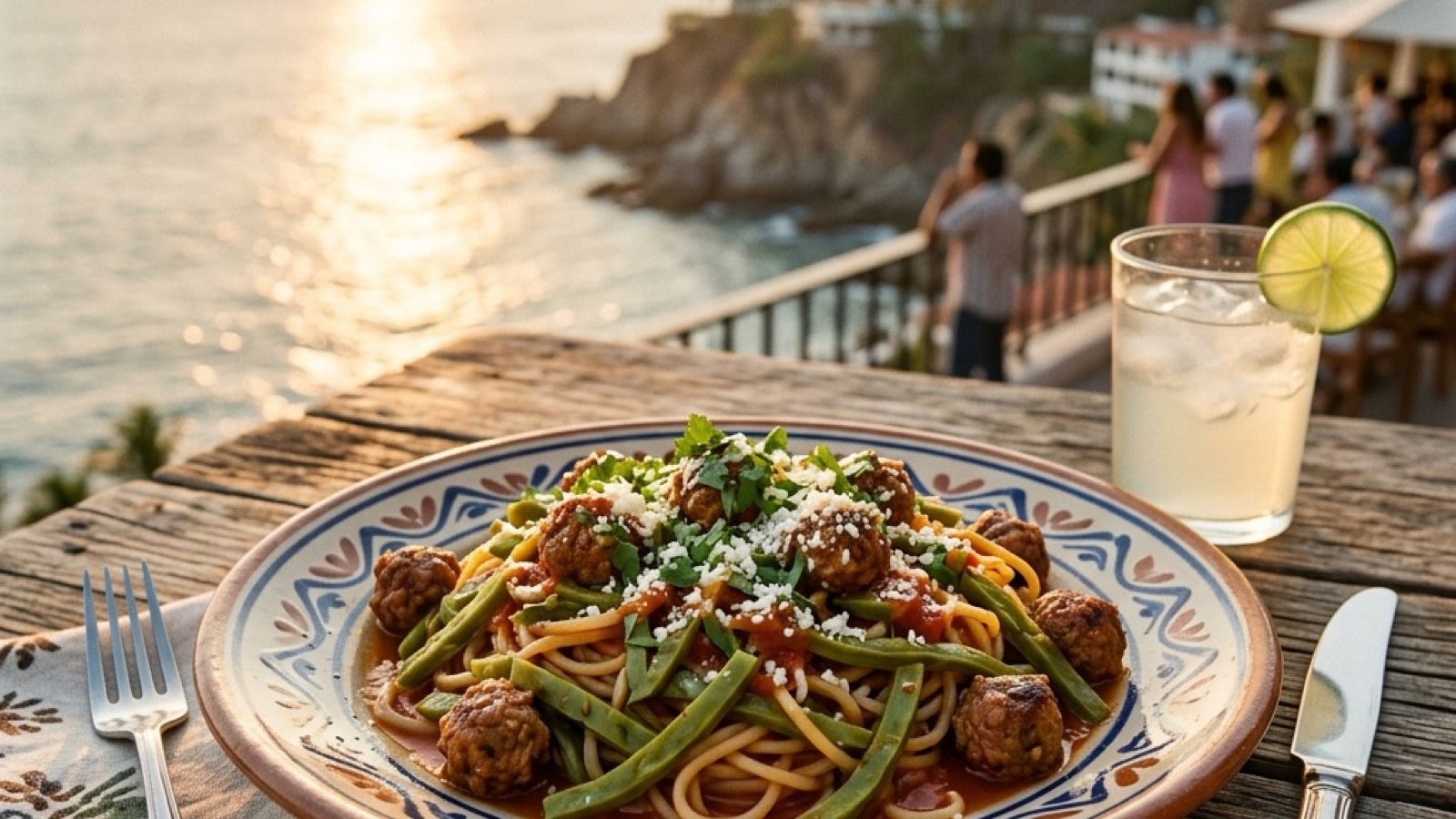 Nopal Spaghetti with Mini Meatballs